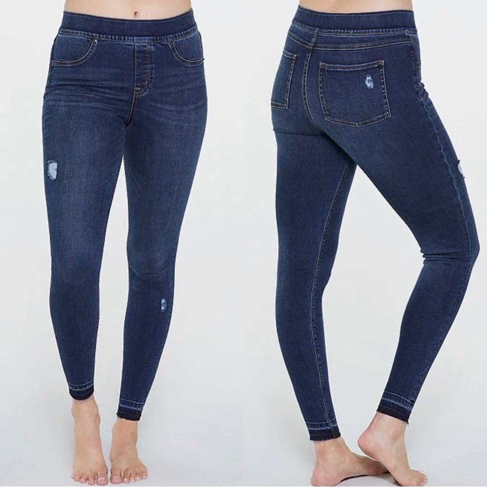 SPANX Distressed Medium Wash Denim High Rise Elastic Waist Jegging Size Medium